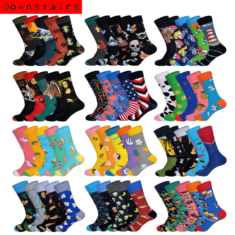 

Downstairs 5pairs/lot 2019 Autumn New Arrived Skateboarding Socks Men Art BritishStyle Streetwear Hip Hop Designer Calcetines
