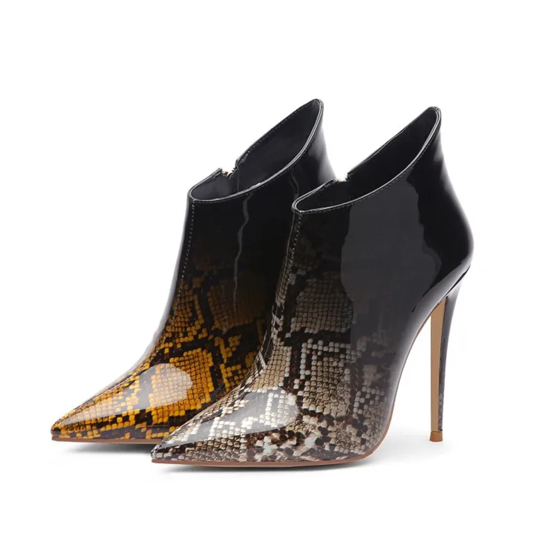 Г., новые дизайнерские женские ботинки зимние пикантные ботильоны с острым носком и принтом змеиной кожи Модная дамская обувь вечерние туфли на высоком тонком каблуке