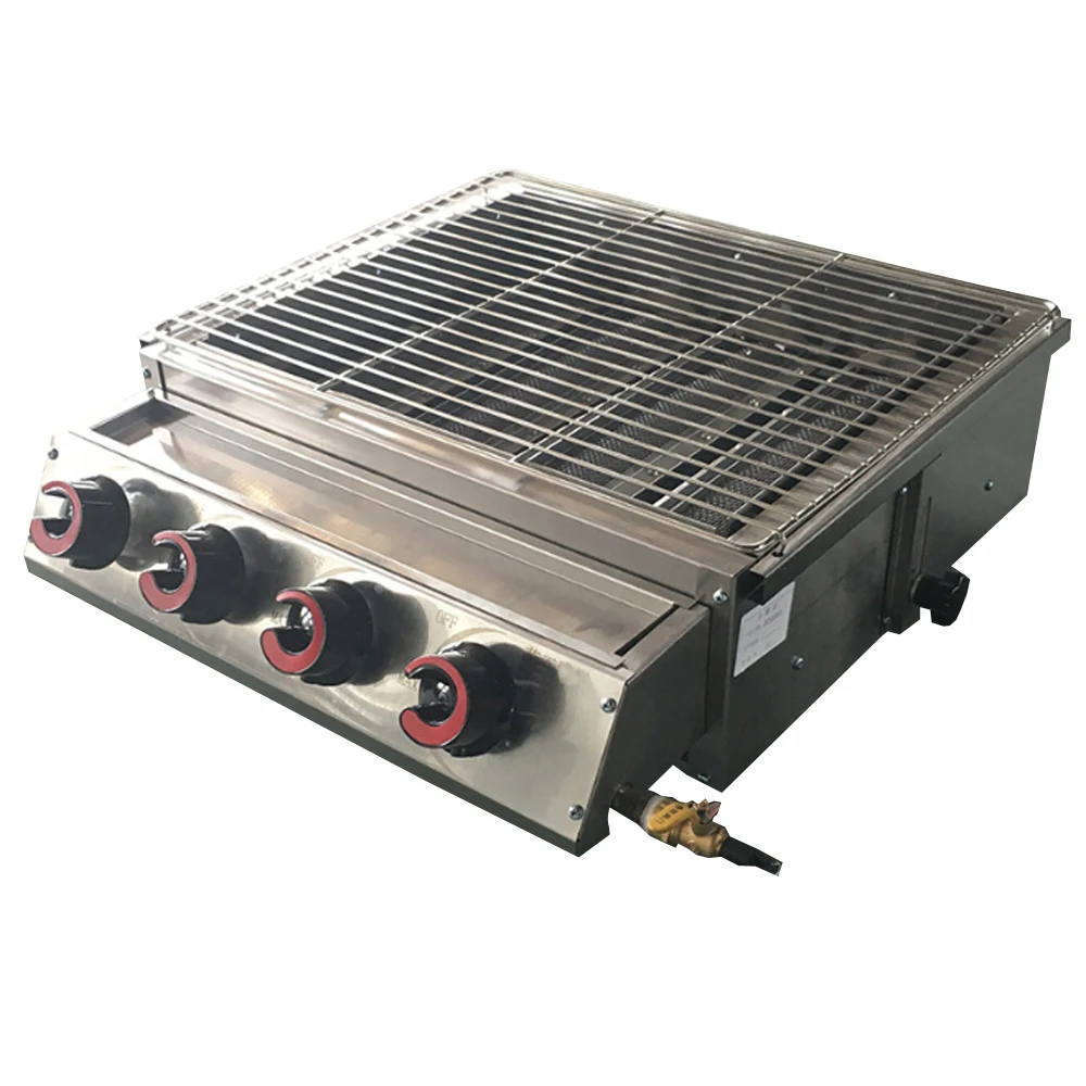 GZZT 4 Burners BBQ Grill LPG Gas Stainless Steel Barbecue For Outdoor Picnic Roasting With Glass Cover Kitchen Tool