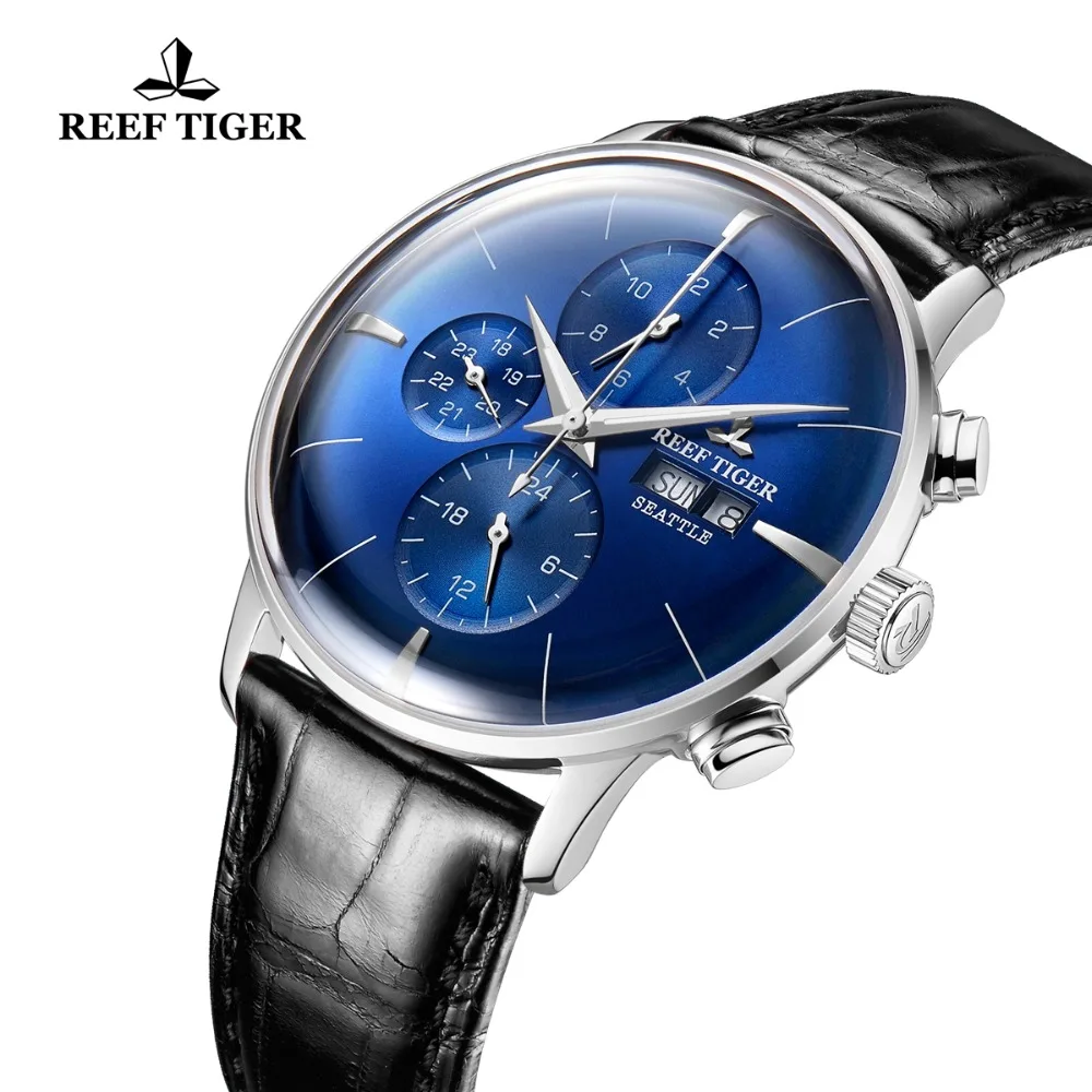 Мужские наручные часы Reef Tiger/RT Роскошные с синим циферблатом и двойным календарем