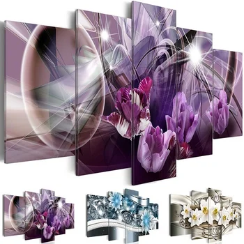 

5 Panels Abstract Flowers Painting Purple Flower Oil Pictures Living Room Decoracion Paintings 5 Piece Canvas Wall Art No Frame