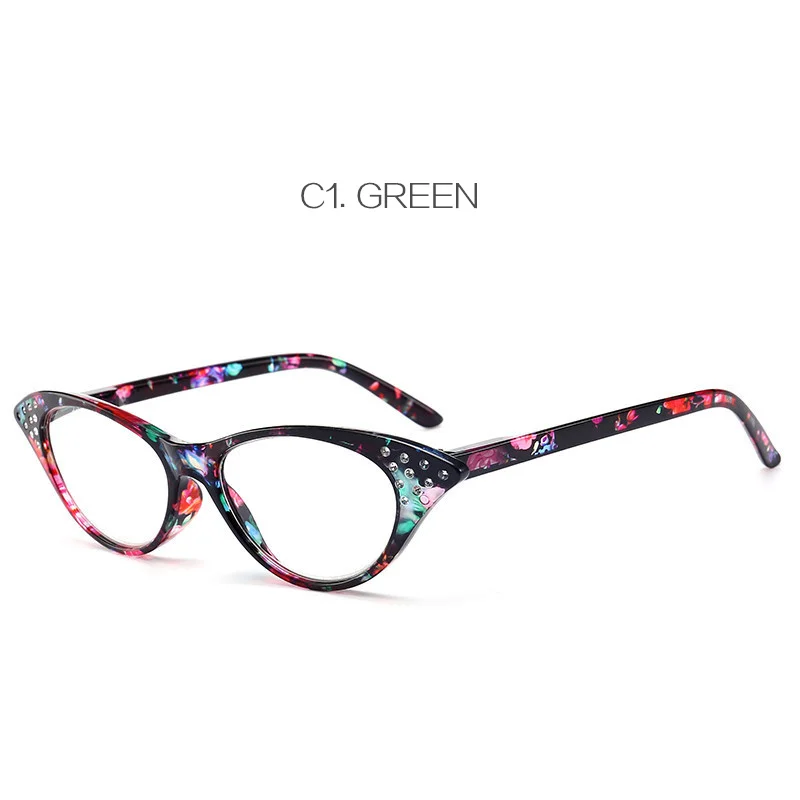 Oulylan Cat Eye Reading Glasses Women Diamond Eyeglasses Presbyopic with Diopter 1.0 1.5 2.0 2.5 3.0 3.5 4.0 for Male Female - Цвет оправы: Green