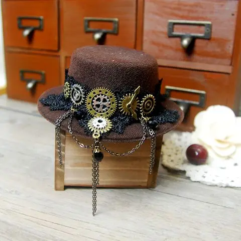 

Handmade Steampunk Gear & Chain Mini Top Hat Retro Brown Fedoras Hat Punk Lolita Cosplay Hat for Girls Gothic