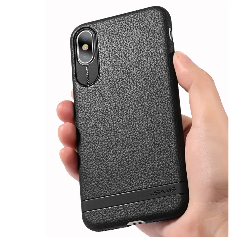 USAMS For iPhone X Case Litchi Skin PU Leather Coated TPU Back Case for iPhone X 5.8 inch - Black