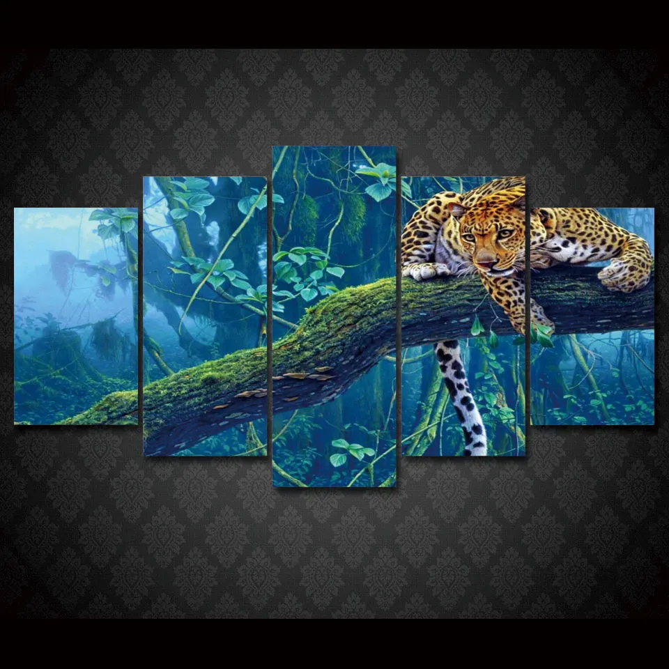 

Poster Abstract Home Decor Living Room HD Printed Modular Painting 5 Panel Jungle Leopard Canvas Wall Art Frame Pictures PENGDA