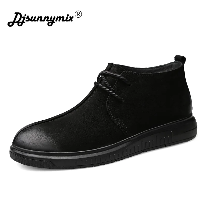 

DJSUNNYMIX New 2018 Winter Boots Men Winter Shoes Genuine Leather Warm Plush Lace-Up Mens Ankle Boots High-Cut male shoes