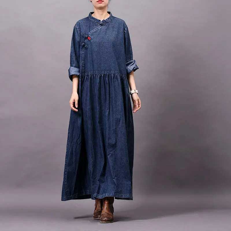 

Johnature Women Vintage Denim Dress Button Embroidery Robes 2019 Spring New Stand Long Sleeve Button Blue Women Dress