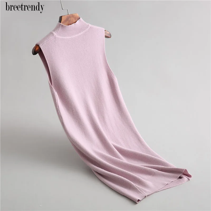 Осенняя мода, женское короткое одноцветное платье с высоким воротником, элегантное вязаное платье, женское облегающее платье-свитер без рукавов, Платья vestidos - Цвет: Розовый