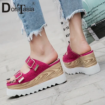 

DORATASIA Kid Suede 2019 Peep Toe Platform Wedge High Heels Summer Pumps Mules Shoes Woman Slip On Lady Pumps Woman Shoes