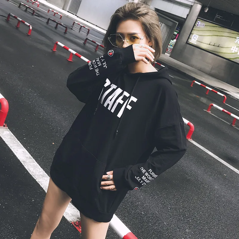 

Spring 2019 New Alphabet Printing In Long Korean Edition Loose Put-on Hat Guard Women's Top Sweatshirt Woman Clothes
