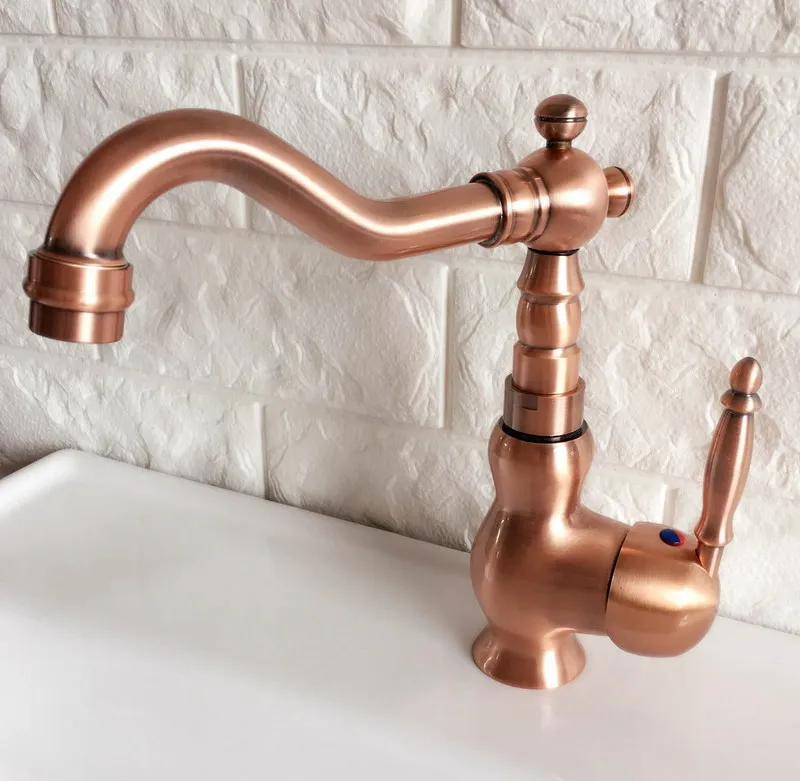 Antique Red Copper Brass Bathroom Kitchen Basin Sink Faucet Mixer Tap Swivel Spout Single Handle One Hole Deck Mounted mnf404