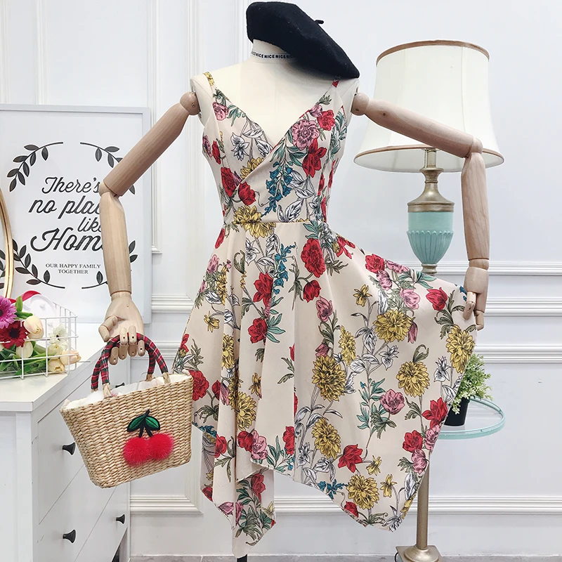 

SKOONHEID Irregular Long Floral Dress Women Holiday Beach Print Spaghetti Strap Ruched Dress Boho Summer Flower Chiffon Sundress