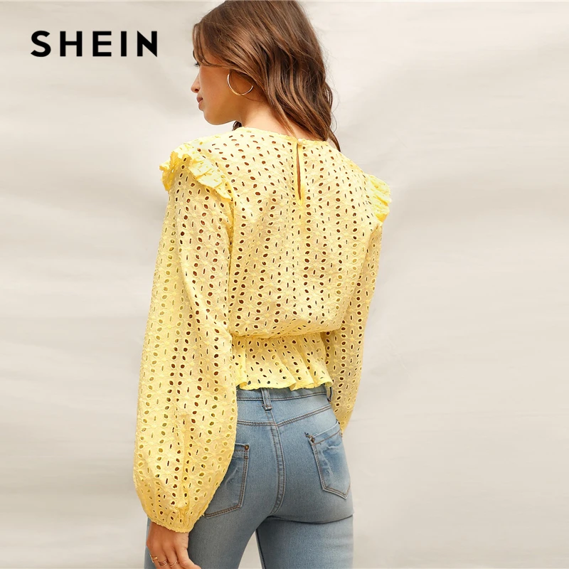 SHEIN Однотонный Топ С Оборками Женские Элегантные Кружевные Блузки С Длинным Рукавом