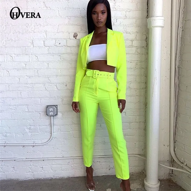 

Ohvera Casual Women Suits Office Sets Fluorescence Neon Green Suit Women 2019 Crop Top And Pant Suits For Women Blazer Set