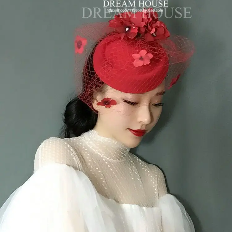 Традиционная китайская красная вуаль с лепестками шляпа винтажная сеточная шляпа-федора заколка для волос Свадебная вечеринка для невесты красный головной убор вуаль аксессуары для волос