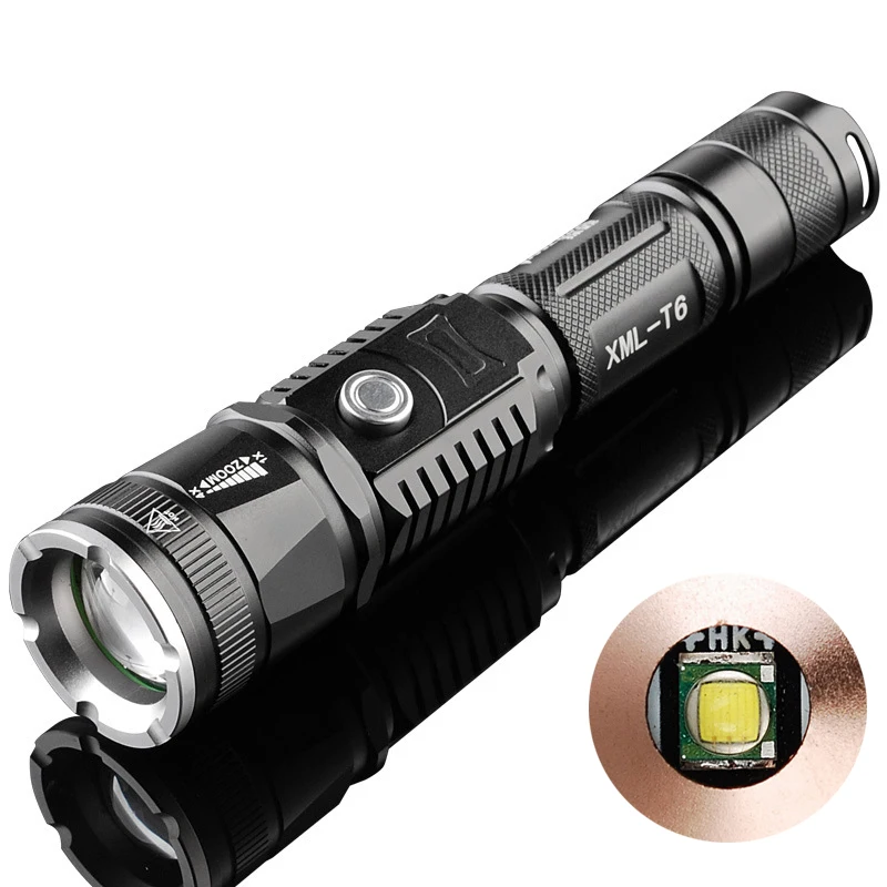 

Direct Charging CREE XM-L T6 Zoomable LED Flashlight with Power Bank Function, 5 Files Adjustable Focus LED Torch + USB Cable