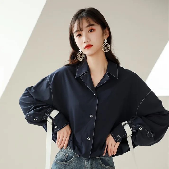navy blue LANMREM, весенне-летняя одежда для женщин, Повседневная рубашка, дизайн, бандага с манжетами, длинный рукав, свободная блузка YH28217 - Цвет: navy blue
