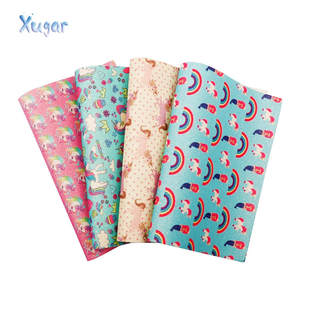 

Xugar 22CM*30CM Synthetic Leather Glitter Printed Unicorn Shiny Fabric Sheet DIY Hairbows Accessories Fabric Handmade Material