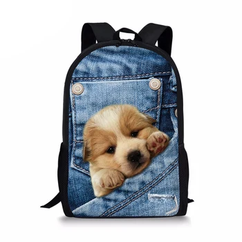 

Fashion School Bags For Children Cute Puppy Dog Pattern Teenager Boys Bookbags 3D Blue Denim Pocket Backpack Mochilasumka