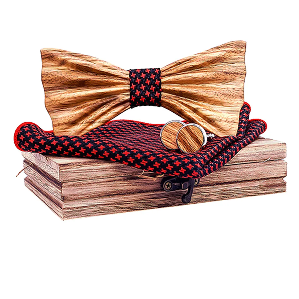 Red New design Wooden gear Bow Tie Men's Wood Bowtie Cufflinks Set Brand Business Neckties Cuff Links for Wedding Groom - Цвет: Red