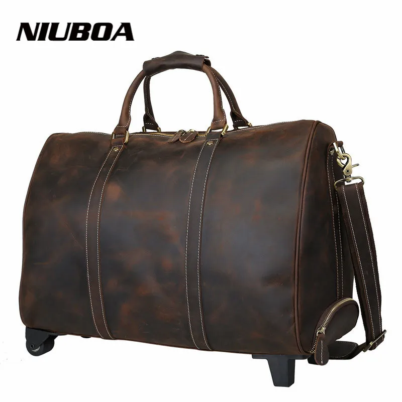 

100% Genuine Leather Travel Bag Men 30" Real Leather Duffel Bag Luggage with Drawbar Travel Bag Men Big Business Top Duffle Bags