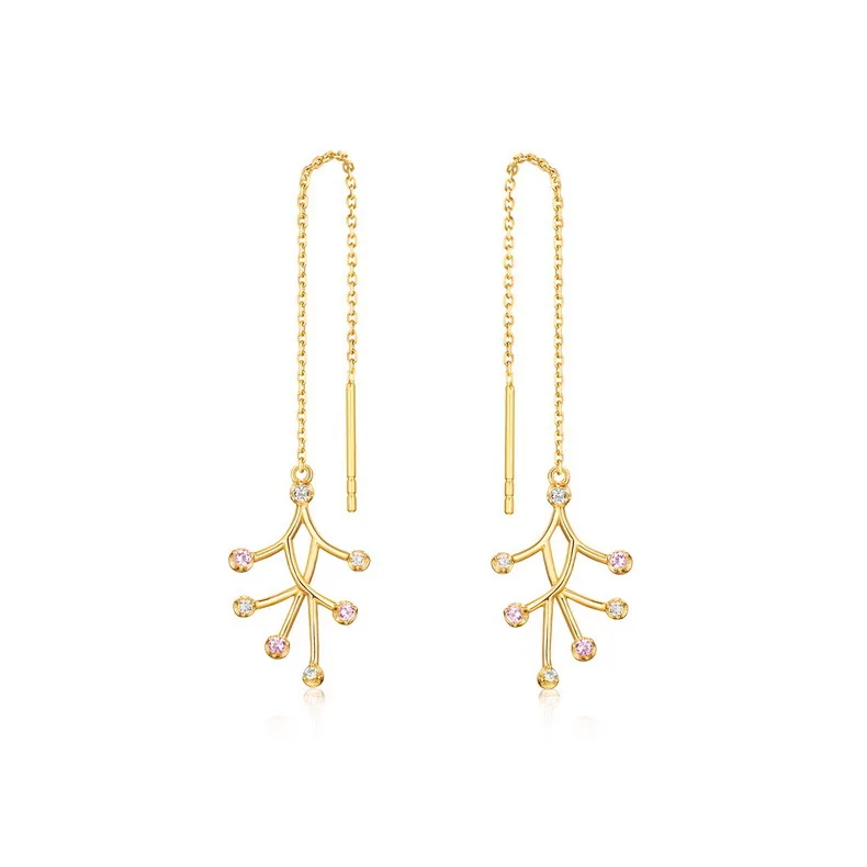 

3K gold drop earrings decorate with white / pink zircon for women 925 sterling silver irregular dead leaf branches