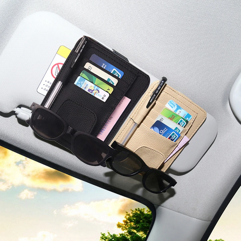 Leather Car Sun Visor Storage Bag Car Visor Organizer For Card Pen