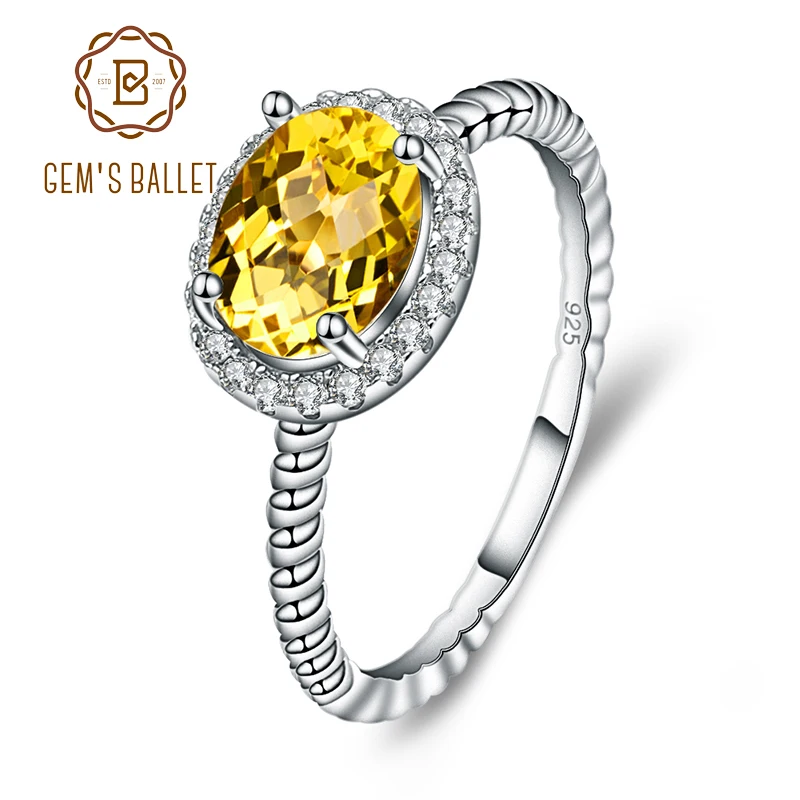 

GEM'S BALLET 1.30ct Round Natural Citrine Gemstone Finger Ring For Women 925 Sterling Silver Rope Stackable Ring Fine Jewelry