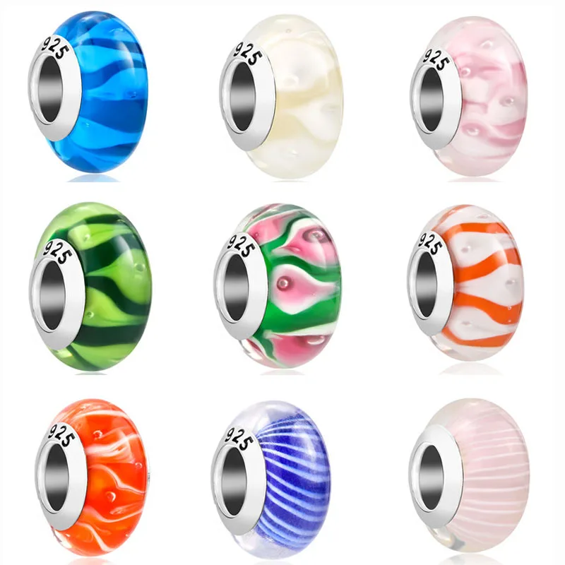 

2019 new 1pc european silver murano glass pink blue orange diy bead Fit Pandora Charms silver Bracelet original for women F123