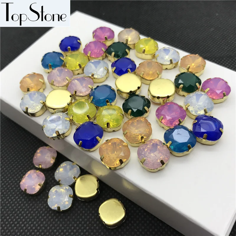 

Sew On Stone 100pcs 10mm,12mm Resin Fat Square Fancy Stone With Golden Claw setting Mix Opal Colors Classcial Square