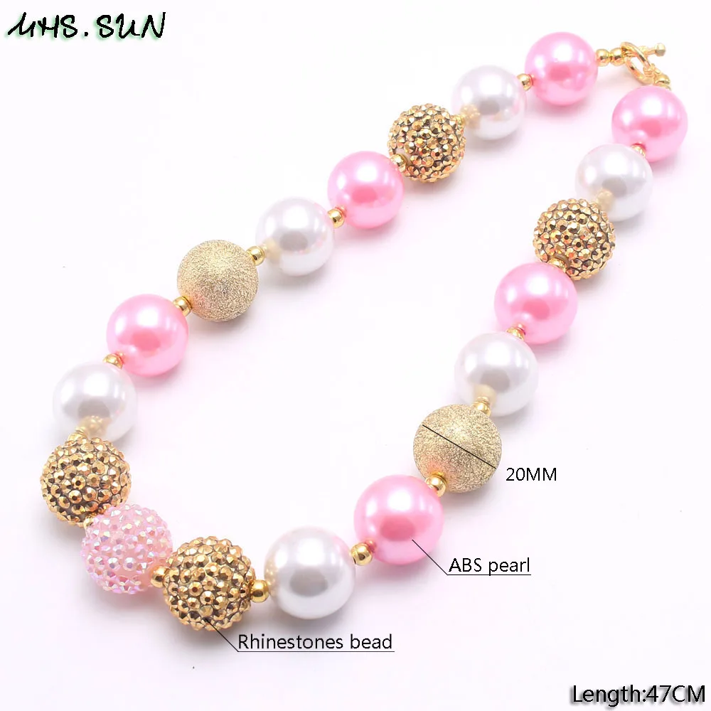 BN591-1 (5),$5.85-1PC.GoldPinkWhite Beads Chunky Necklace Fashion Girls Kids Beads Necklace Colorful Child Chunky Bubblegum Necklace Jewelry