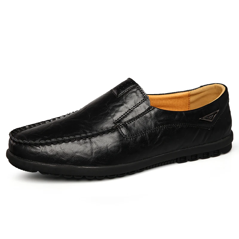 Мужская повседневная обувь из натуральной кожи; Роскошные Брендовые мужские лоферы; мокасины; дышащие слипоны; черные туфли для вождения; большие размеры 37-47 - Цвет: Black