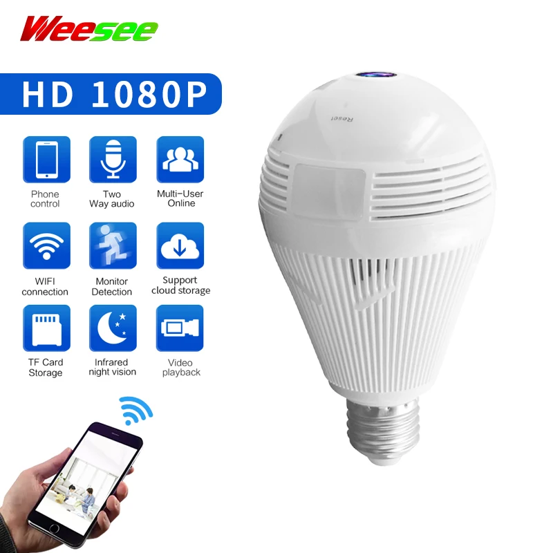

Weesee V380/iCSEE 1080P 2MP H.265 Bulb Panoramic VR Fisheye WIFI IP Camera