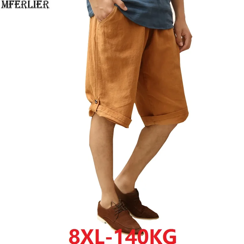Летние мужские льняные шорты, китайский стиль, хлопковые шорты, винтажные повседневные шорты размера плюс, большие 6XL, 7XL, 8XL, мужские свободные шорты цвета хаки, 50