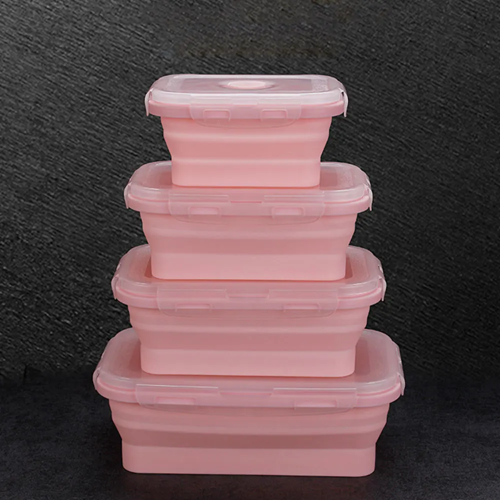 Pink 4 шт. силиконовая Упаковка для обеда миска для пикника Посуда офисный контейнер для обеда микроволновый контейнер для еды Bento хранение школы складной - Цвет: Pink
