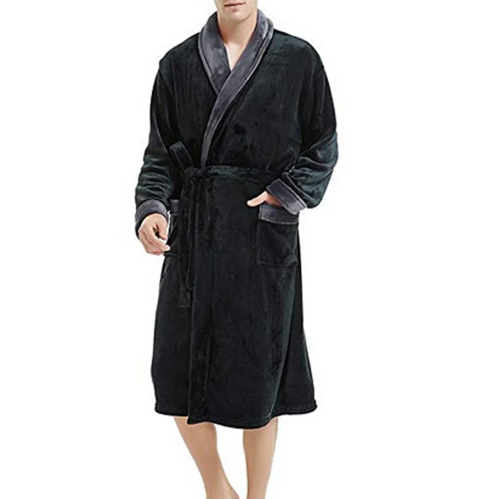 Bathrobe Men Thick Fleece Winter Male Dressing Gown Towel Sleepwear Solid Nightgown Kimono For