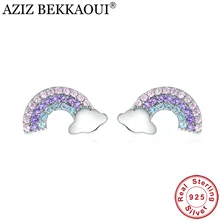 AZIZ BEKKAOUI Аутентичные стерлингового серебра 925 пробы прозрачные CZ красочные радужные серьги гвоздики для женщин ювелирные изделия для ушей вечерние серьги