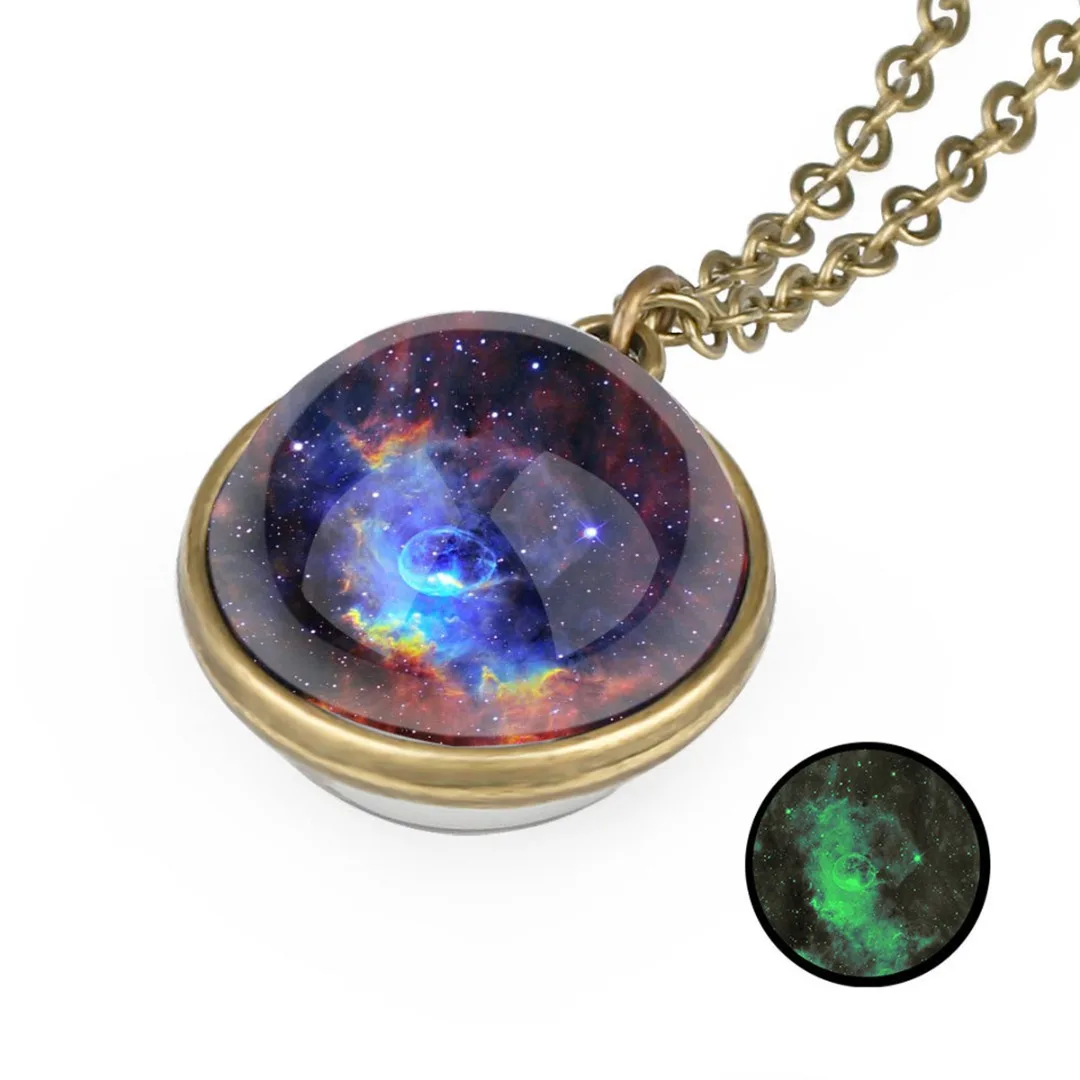 Glow In The Dark Long Chain Necklace Jewelry For Women Men Trendy Two Sides Glass Ball Universe Galaxy Nebula Space Necklace