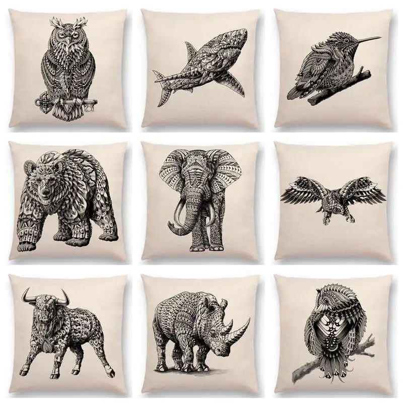 Hot Sale Wild Animals Totems Free Beast Faith Tattoo Prints Owl Elephant  Shark Bear Rhinoceros Buffalo Cushion Sofa Throw Pillow - Cushion -  AliExpress