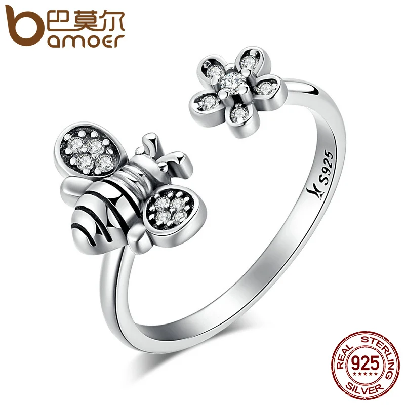 

BAMOER Hot Sale 925 Sterling Silver Cute Bee & Poetic Daisy Flower Open Finger Ring for Women Sterling Silver Jewelry SCR086