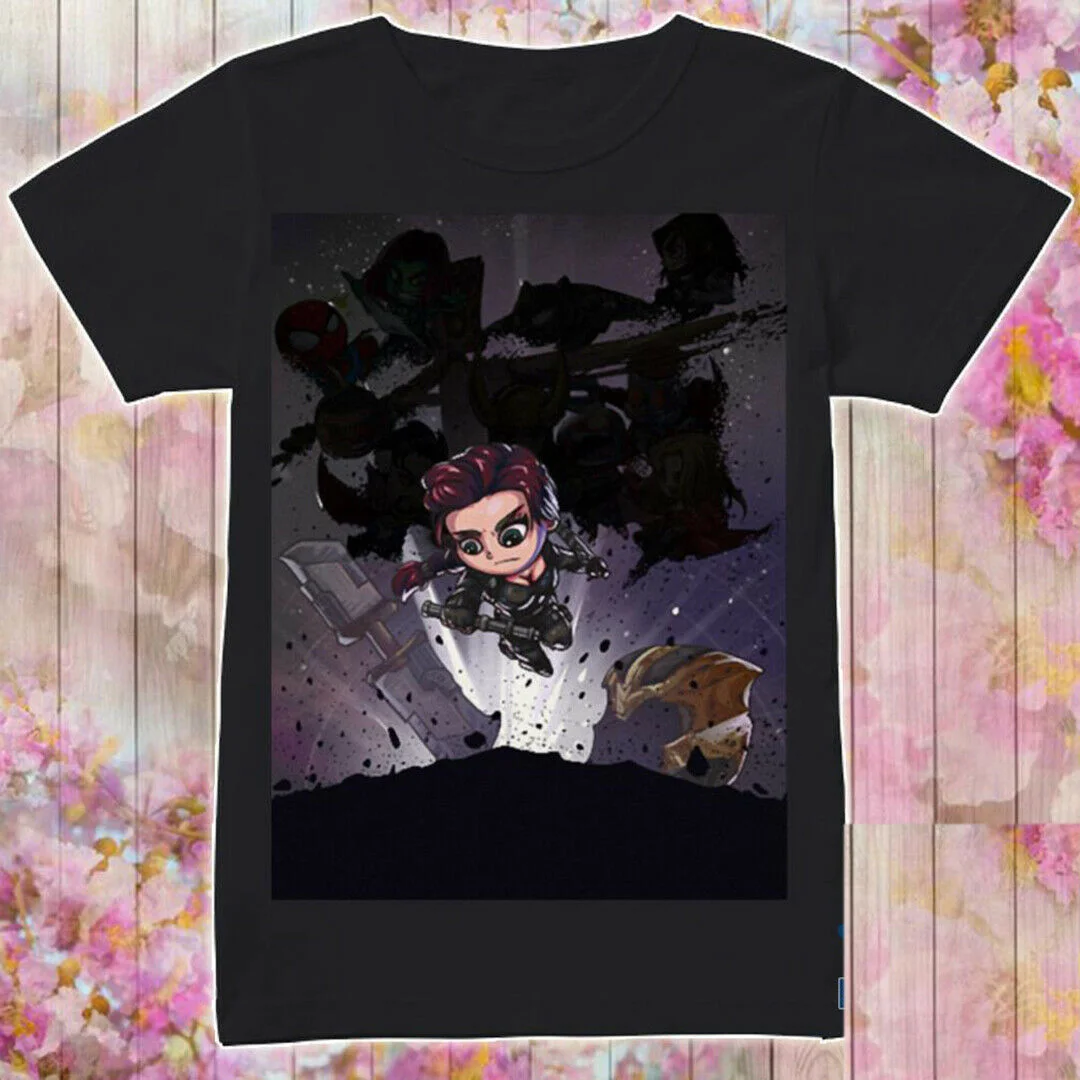 Футболка с надписью Avenger Endgame Black Widow Chibi черная хлопковая летняя модная футболка