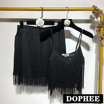 

Women's 2019 Summer Tassel Sexy Camisole Top + High Waist Short Skirt Two-piece Suit for Girls