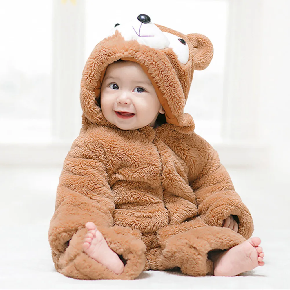 

Newborn Baby Boys Girls Long Sleeves Keep Warm Cartoon Hooded Romper Jumpsuit solid jumpsuit New Casual Kids Clothes