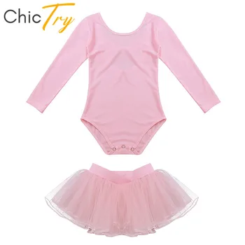 

ChicTry Girls Long Sleeve Professional Dance Leotard with Ballet Tutu Mesh Skirt Kids Gymnastics Leotard Stage Dance Costume Set