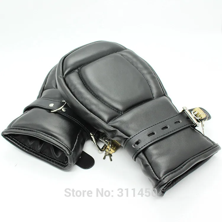 Adult Fetish Female Locking Padded Fist Mitts Role Play Mittens Leather