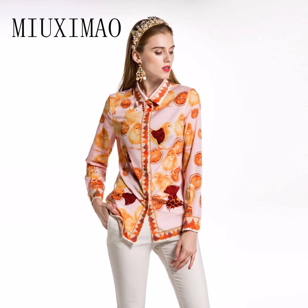 

2018 Autumn Newest Casual Style Fashion Turn-down Collar Full Sleeve Covered Button Chicken Pattern Print Blouse Women