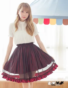 

Princess sweet lolita skirt A word skirt stripe chiffon skirts stripe black and red two colour skirt Dolley-0056