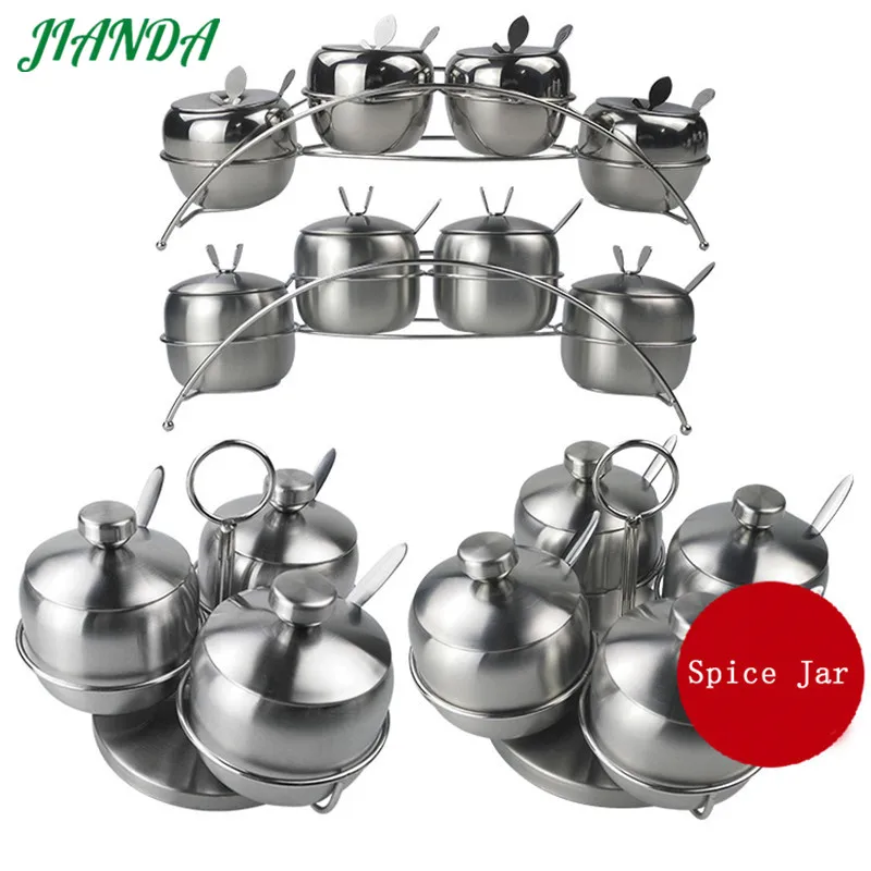 

JIANDA Stainless Steel Seasoning Jars Set With Spoons Condiment Pot Spice Holder Salt Sugar Jars Storage Tools