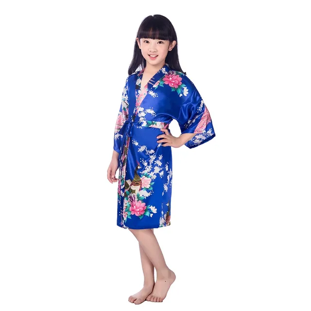 Blue Peacock Kids Robe Satin Children Kimono Robes Bridesmaid Flower
