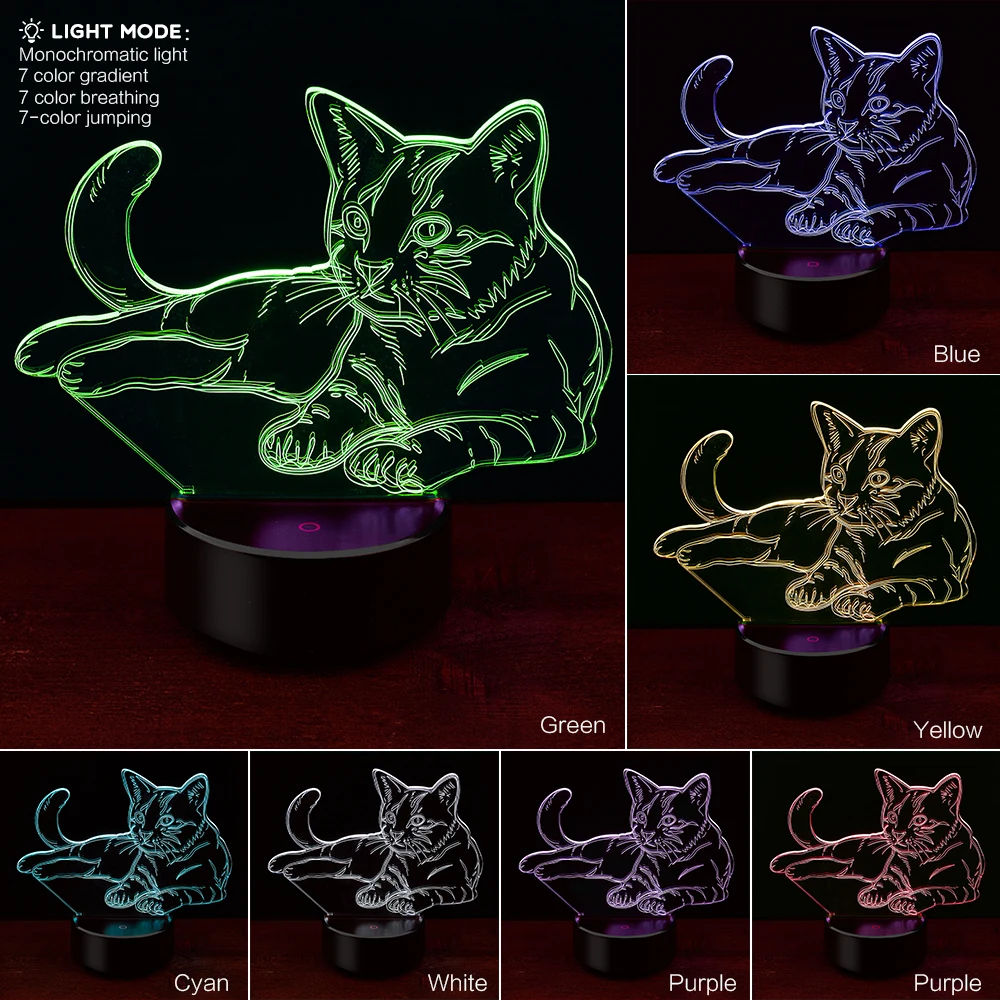 Ночник с 3D кошкой, светодиодный светильник с изменяющимся настроением, 7 цветов, USB, 3D иллюзия, настольная лампа для дома, декоративная, как детская игрушка, подарок